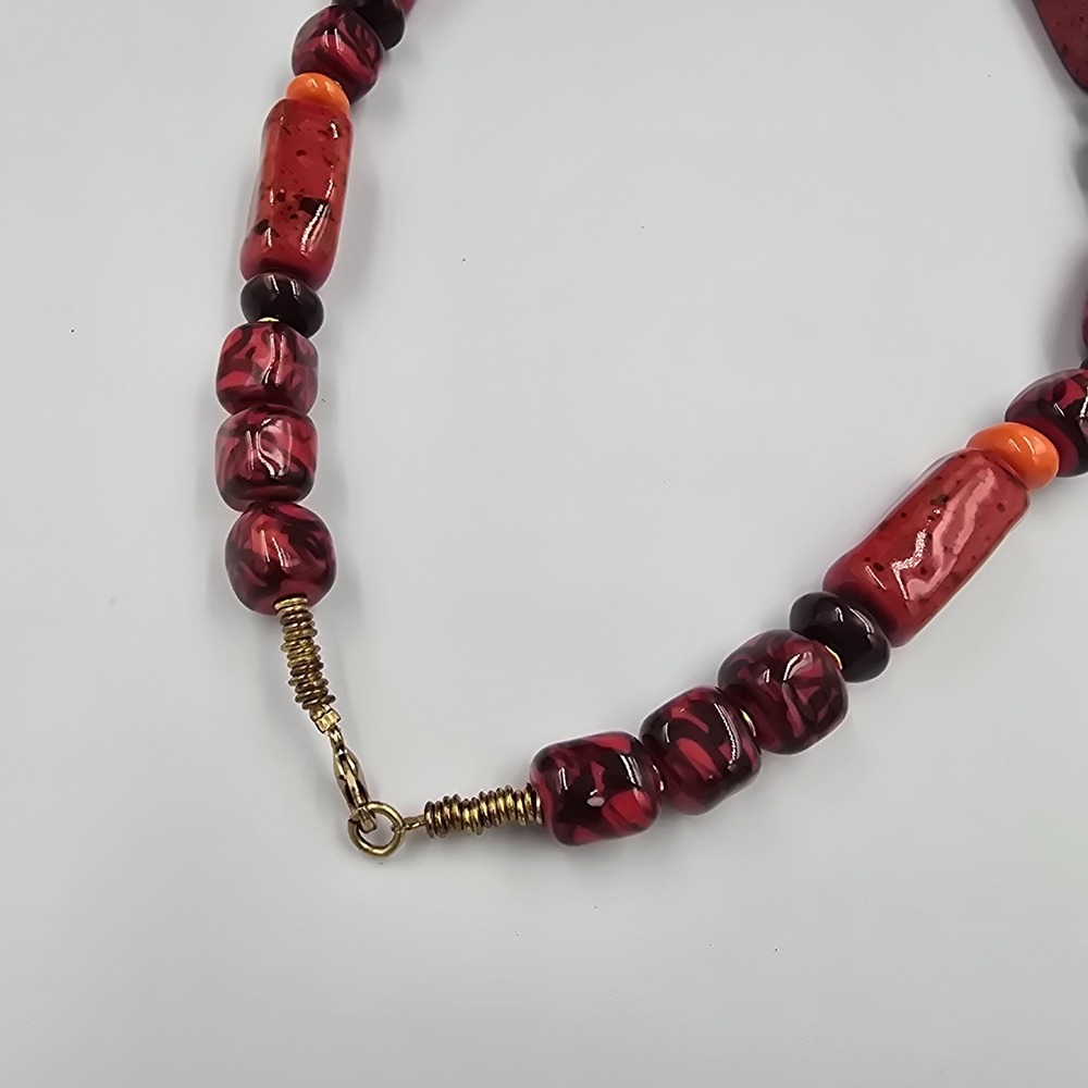 Vintage Blood Orange Red Glass Peking Trade Bead Necklace - Picture 5 of 8